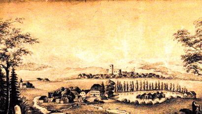 Bild: gi
Moosbach nach dem großen Brand von 1848 mit abgebrannter Kirche (im Bild ohne Turm- und Kirchendach). Im Vordergrund der Sperl-Hammer von Gröbenstädt.