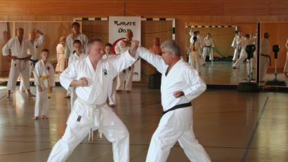 Bild: bgm
Karate-Großmeister Fritz Oblinger (vorne, rechts) zeigte den Karatekas vom Dojo Störnstein praktische Anwendungen von einstudierten Technikabläufen.