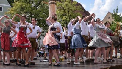 Bild: bö
Schweißtreibender Spaß: In der Gluthitze am Hohenburger Marktplatz tanzen die Paare den Kirwabaum aus.