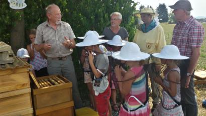 Bild: fz
Vorsicht lassen einige Kinder unter ihren Hüten walten, als ein Bienenstock geöffnet wird.