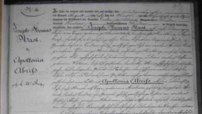 Bild: slu
Die Heiratsurkunde belegt, dass Joseph Thomas Nast am 21. August 1834 Appolonia Abriß ehelichte.