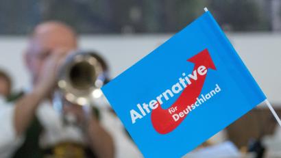 Bild: Armin Weigel/dpa
Ein Fähnchen der AfD vor einem Trompeter in Tracht.