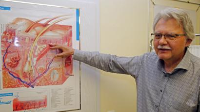 Bild: Bild: Hösamer
Dr. Rudolf Frankerl zeigt in seiner Praxis den Aufbau der Haut auf einem Schaubild. Verschiedene Zellarten in den Hautschichten können durch zu viel Sonnenlicht geschädigt werden. Dann kann sich Krebs bilden.