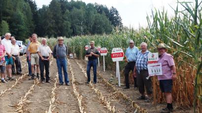 Bild: weu
Rund 25 Landwirte wurden beim Maisfeldtag bei Neuhaus von den zwei Fachmännern Konrad Werner (rechts) und Josef Gschrey (Dritter von rechts) über altbewährte und neue Züchtungen sowie Vorzüge und Nachteile verschiedener Sorten aufgeklärt.