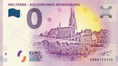 Bild: EuroSchein Souvenir GmbH
Der 0-Euro-Souvenirschein „Welterbe-Kulturfonds-Regensburg“ mit der Steinernen Brücke und dem Dom St. Peter auf der Vorderseite war nach einem Tag vergriffen.