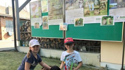 Bild: wec
Zwei Ferienprogrammteilnehmer mit dem entspannten Jagdhund von Jäger Hans - der den Wolfsruf nachahmende Seth.