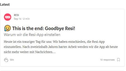 Bild: screenshot: medium.com/@RESI
Die Nachrichten-App Resi wird eingestellt.