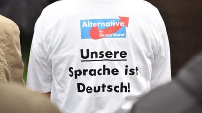 Bild: Lino Mirgeler/dpa
Ein Anhänger der AfD trägt ein T-Shirt mit dem Aufdruck "Unsere Sprache ist Deutsch!".