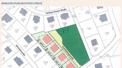 Bild: Plan: Binner-Architekten/Grafik: NT/AZ
An der Rastenhofer Straße sollen vier Einfamilienhäuser entstehen und mit einer Stichstraße erschlossen werden. Das gefällt einigen Nachbarn nicht. Der Stadtrat hält trotzdem an dem Mini-Baugebiet fest.