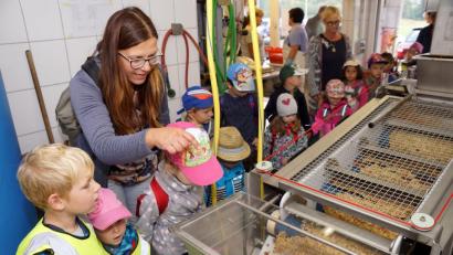 Bild: bkr
Die Buben und Mädchen des Kindergartens schauen gespannt zu, wie aus Früchten Saft wird.