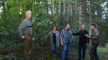 Bild: dob
Beate Renger (Zweite von links), mit Ehemann Dietmar und Sohn Julian (Zweiter und Dritter von rechts), ist stolze Besitzerin eines Waldareals im Michlbachtal, in dem sich der Bewuchs durch Naturverjüngung erneuert hat. Über den Anblick freuen sich Forstdirektor Gerhard Hösl (links) und der Vohenstraußer Revierleiter, Forstamtmann Stefan Stangl (rechts).