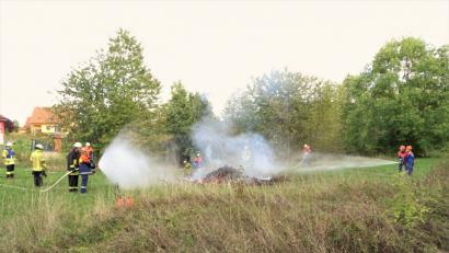 Bild: wku
Ein abgebranntes Gartenhaus muss gelöscht und mit Schaummittel abgedeckt werden, da sonst die Flammen wieder aufflackern könnten.