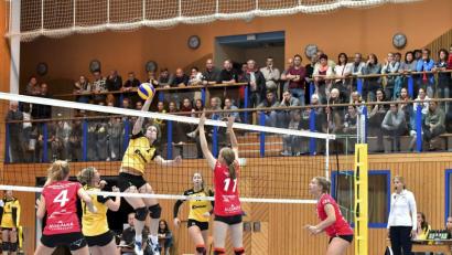 Bild: Ziegler
Netzangriff durch Julia Lehmeier vom SV Hahnbach (Mitte hinten), beobachtet von Zuspielerin Christina Rösl (links hinten) und der vom TSV Altdorf zurückgekehrten jungen Lorena Tilgen (rechts hinten).