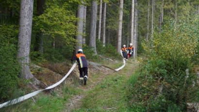 Bild: mmj
Über 100 Aktive von acht Feuerwehren waren bei der Waldbrandübung im Einsatz. Dabei wurden 1,5 Kilometer Schlauchleitung durch den Forst im Stückstein-Gebiet verlegt.