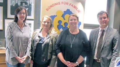 Bild: exb
Mitglieder der AG „Familie und Arbeitswelt“ mit Katrin Paschedag beim Unternehmensdialog zum Thema „Vereinbarkeit von Familie und Beruf“ im Modehaus Zeitler
Von links: Hilke Janssen (Jobcenter Tirschenreuth), Sabine Frank (Koordinatorin Bündnis für Familie), Katrin Paschedag (Modehaus Zeitler), Florian Rieder (IHK Weiden)