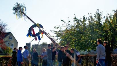 Bild: agr
Im Pausenhof der Mittelschule hievten die Burschen den Kirwabaum emport.