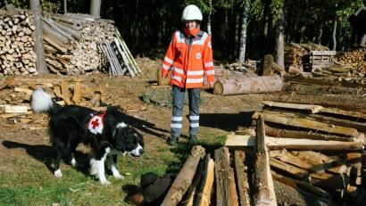 Bild: gf
Ist der Vermisste, der unter hergefallenen Holzscheiten begraben ist, gefunden, zeigt der Rettungshund das auch an: Er bellt. Dann muss die Hundeführerin den Rettungskräften den genauen Standort melden.