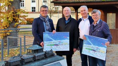 Bild: Thomas Dobler
Johannes Wiemann (Zweiter von rechts) und Künstler Matthias Ose (links daneben) stellten einen neuen Adventskalender vor, der besonders für Neunburger interessant ist. Die ersten Exemplare sahen Bürgermeister Martin Birner (links) und Heimatpfleger Theo Männer (rechts).