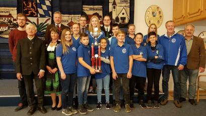 Bild: gi
Die jungen Schützen aus Frankenreuth freuten sich über den Gewinn der Gautrophäe. Dazu gratulieren Gaujugendleiter Valentin Kellner, Bezirksschützenmeister Harald Frischholz, Bürgermeister Hermann Ach, Gauschützenmeister Stefan Brandmiller, (hinten von links), Bezirksjugendleiterin Monika Meier-Lechner und die Ehrengäste.