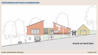 Bild: Architekturbüro Plöchinger
Im Untergeschoss ist Platz für die Feuerwehr, oben darf gefeiert werden. So soll das neue Dorfgemeinschaftshaus vom Kleinwinklarn aussehen.