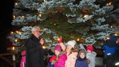 Bild: krb
Bürgermeister Rupert Troppmann nimmt mit Kindern den Weihnachtsbaum in Betrieb.