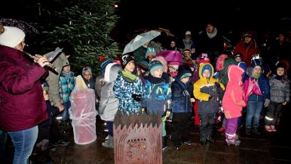 Bild: zer
Sie singen für die Besucher: Die Schülerinnen und die Josef-Faltenbacher-Schüler vor dem Christbaum beim Liedvortrag.