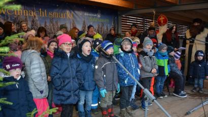 Bild: jr
Mit Liedern und Gedichten erfreuen am Samstagnachmittag die Mädchen und Jungen des Kinderhauses „Tausendfüßler“ die Besucher des Waldsassener Weihnachtsmarktes.