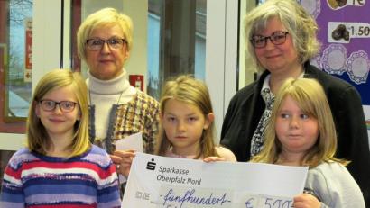 Bild: mez
500 Euro übergeben die Schüler der Grundschule Immenreuth mit ihrer Rektorin Gudrun Lehner an Silke Rosner (hinten von links) vom Förderverein „Stiftlandsternenkinder“.