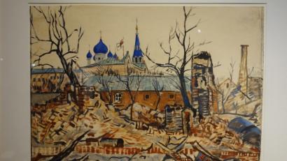 Bild: wsu
Die Ölskizzen Reinhold Koeppels zeigen zerstörte Städte der Ostfront auf irritierend ansprechende Weise. Sie gehören zu den „Bildern aus dem Ersten Weltkrieg“, die derzeit im Leeren Beutel in Regensburg zu sehen sind.