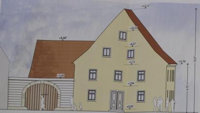 Bild: ckl
Ein Ausschnitt aus dem Bauplan zeigt die Ansicht des künftigen Erbendorfer Bürgerhauses von der Bräugasse her. In den Räumlichkeiten wird unter anderem Platz sein für Vereine, Beratungen, Veranstaltungen und die Ausgabestelle der Tafel.
