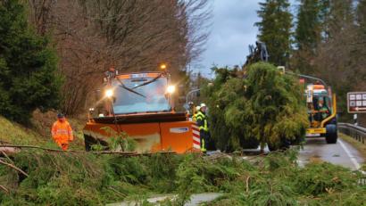 Bild: Benjamin Liss/dpa
In Sonthofen im Oberallgäu musste die Bundesstraße 19 acht Stunden lang komplett gesperrt werden. Heftige Sturmböen hatten einen Baum auf die Straße stürzen lassen, mehrere beschädigte Bäume wurden vorsichtshalber gefällt.