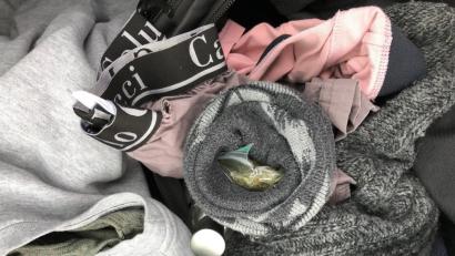 Bild: Bundespolizeiinspektion Waidhaus
Marihuana in Tütchen, Tütchen in Socke: So versuchte der 24-Jährige, die Drogen zu verstecken. Das entging den Fahndern allerdings nicht.