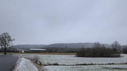 Bild: bey
Der Schwarzenbach (dunkler Streifen im Vordergrund) wird renaturiert. Beim großen Straßenbaum (links) fuhrt die Einfahrt zur geplanten Photovoltaikanlage. Diese soll auf der freien Fläche hinter der Heckengruppe (rechte Bildhälfte) errichtet werden.