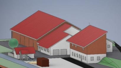 Bild: exb
Ein Planentwurf zeigt das mögliche Aussehen für das Zukunftsprojekt in Pertolzhofen. Auf dieser Ansicht aus Richtung der Dorfeinfahrt ist im Hintergrund der bereits bestehende Vereinsstadl zu sehen, daran anschießend das Dorfgemeinschaftshaus und vorne rechts das Haus der Vereine. Dort soll sich im Erdgeschoss das Musikerheim befinden, darüber das Schützenheim eingerichtet werden.