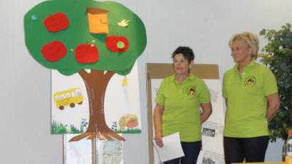 Bild: jhö
Mit einer Geschichte aus Sicht eines Apfelbaumes auf der Streuobstwiese präsentieren Christa Hösl und Monika Höllerl (von rechts) die Aktionen der Kindergruppe.