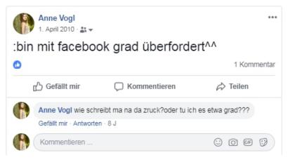 Screenshot: facebook.com
Der erste Facebook-Post von Anne Sophie Vogl.