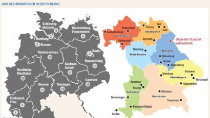 Grafik: Oberpfalz-Medien
Die Grafik zeigt die Zahl und Standorte der privat oder kommunal betriebenen Krematorien in Deutschland und Bayern. Die drei in der Oberpfalz bestehenden Krematorien liegen alle im südlichen Bereich des Regierungsbezirks. (Quelle: Bundesverband Deutscher Bestatter e. V.)