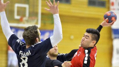 Bild: Ziegler
Rückkehrer Jason Mignon vom HC Sulzbach (rechts) setzt sich kraftvoll trotz zweifacher Behinderung durch.