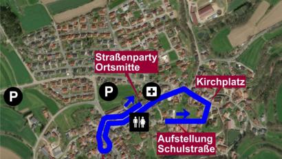 Bild: upl
Der Plan für die Faschingsgaudi am Kehraus: So läuft der Freudenberger Maschkerer-Umzug am 5. März ab.