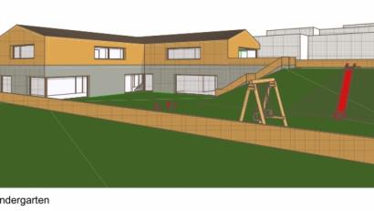Bild: exb/GsbW
Der Kindergarten wird im Erdgeschoss und die Krippe im Obergeschoss mit jeweils barrierefreiem Zugang des Neubaus eingerichtet. Der Spielplatz für die Kleinsten befindet sich oben am Hang, mit Rutsche zum unteren Bereich.