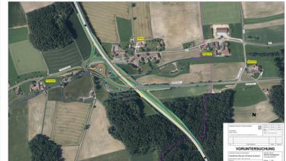 Grafik: Staatliches Bauamt Amberg-Sulzbach
Die Vorplanung des Bauamts für die Kreuzung sieht vor, die Kreisstraße AS 12 und die Staatsstraße 2166 zusammenzuführen. Die Bundesstraße 85 bleibt in ihrem Verlauf unangetastet.