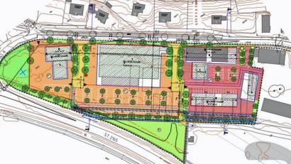 Bild: sön
„Wir bleiben dran, es schaut ganz gut aus“, betonte Bürgermeister Markus Dollacker zum Dienstleistungszentrum Don Bosco mit Edeka-Markt (Mitte, grau).