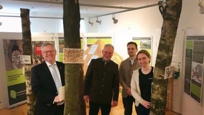 Bild: ihl
Echte Baumstämme sind ins Museum eingezogen. Zum Verstecken reichen sie nicht für Oberbürgermeister Andreas Feller, Forstdirektor und Bereichsleiter Forsten Alwin Kleber, dessen Stellvertreter Jens Haertel und Projektmanagerin Hannah Sieren (von links).