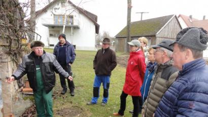 Bild: jhö
Michael Altmann (Zweiter von links) gibt bei den Schnittarbeiten am Weinstock der Familie Sollner in Münchsreuth wichtige Tipps zu Stockaufbau, Erziehung, Zapfenschnitt und Pflege.
