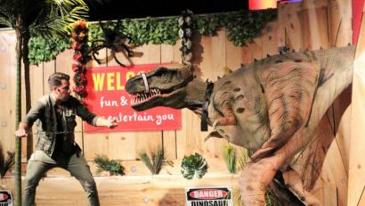 Bild: Dagmar Williamson, dwi
Da liefen die kleinen Helden schnell weg: Carmo Neigert zieht T-Rex aus dem Urwald hinein in das Musikomm. Die Mitmach-Dino-Show begeistert Groß und Klein und hält alle Versprechen.