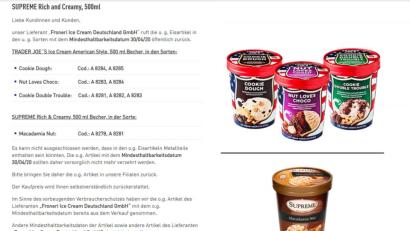 Screenshot: Aldi-Nord.de
In mehrere Eissorten, die der Lebensmitteldiscounter Aldi verkauft, sind möglicherweise Metallteile geraten.