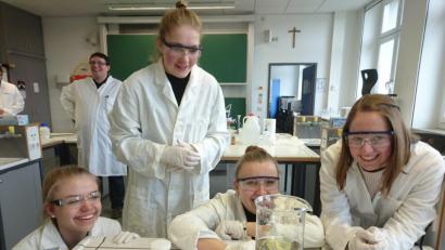 Bild: lg
Die Schülerinnen des Ortenburg-Gymnasiums verfolgen begeistert die Farbenspiele des „chemischen Chamäleons“, das den Lichtwechsel einer Verkehrsampel nachahmt. Im Hintergrund links Diplom-Chemiker Christoph Tschirch von der Nabu-Oberflächentechnik Stulln.