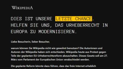Screenshot: Wikipedia
Wikipedia ist aus Protest gegen die geplante EU-Urheberrechtsreform für einen kompletten Tag offline.