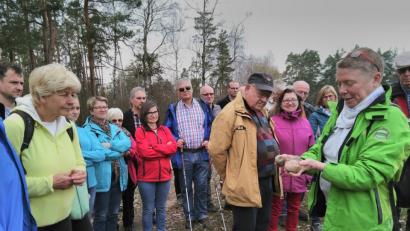 Bild: mma
Geowissenschaftlerin Angela Wirsing zeigt den Teilnehmern an der Wanderung interessante Gesteine.