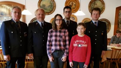 Bild: gi
Zwei neue Jugendliche, Lena Weiß und Maria Meier (von links), konnten per Handschlag durch die Vorsitzenden Rudolf Mitlmeier und Fritz Steinhilber sowie durch die Kommandanten Bernhard Hartinger und Markus Reitinger in die Feuerwehr Etzgersrieth aufgenommen werden.